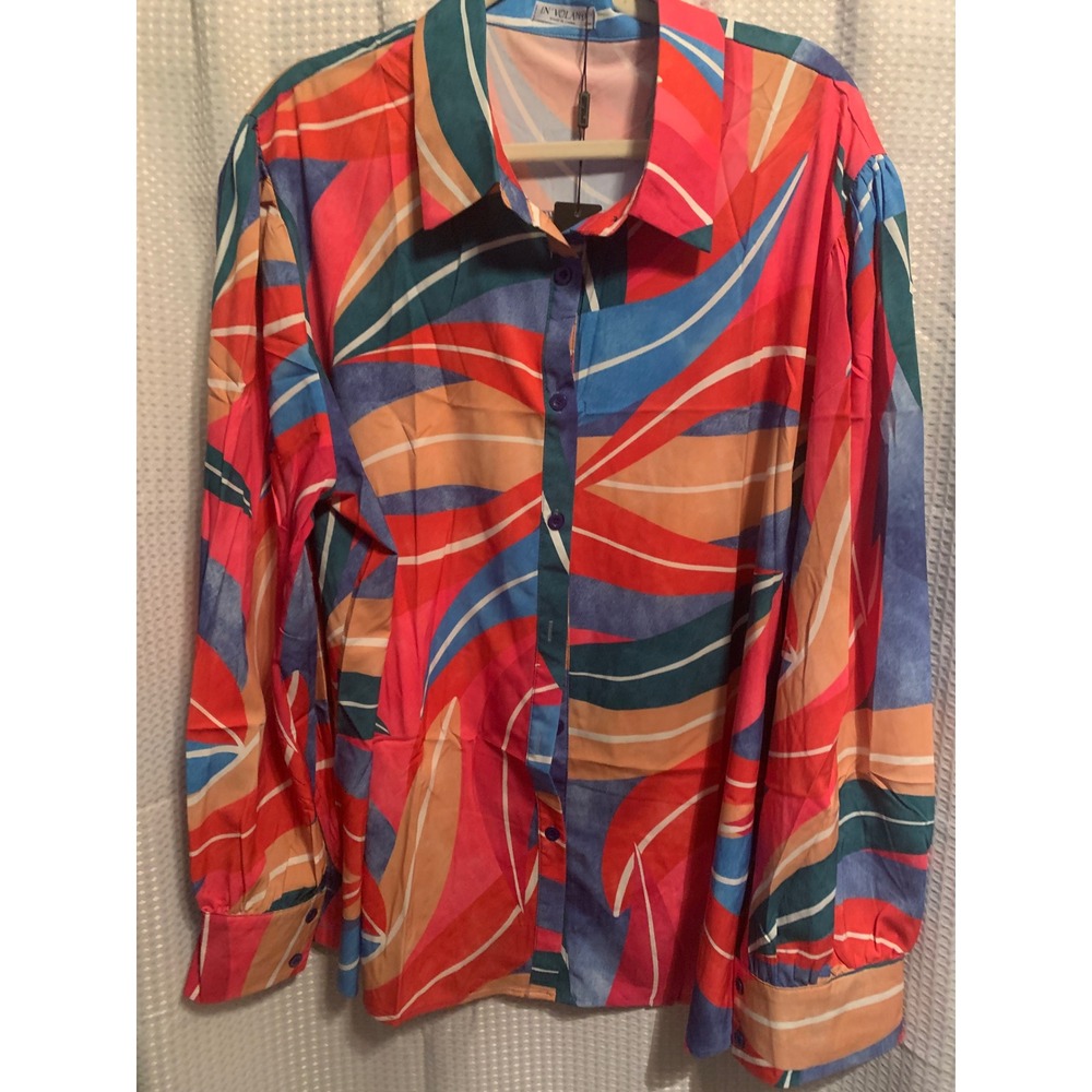 In Voland Womens 24W Multicolor Abstract Graphic Button Down Shirt Long Sleeve
